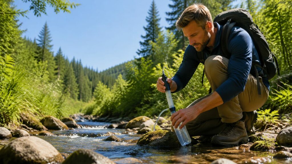 Hiker squeezing a compact water filter beside a generic forest stream, viewed from behind