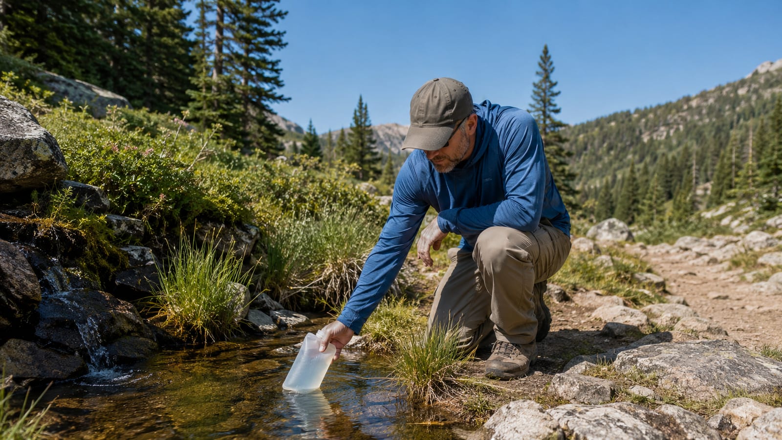 Booted hiker collecting water from a clear upstream pool using a collapsible bottle