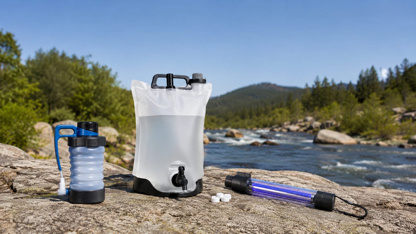 Trail water-treatment kit arranged on a rock beside a mountain stream