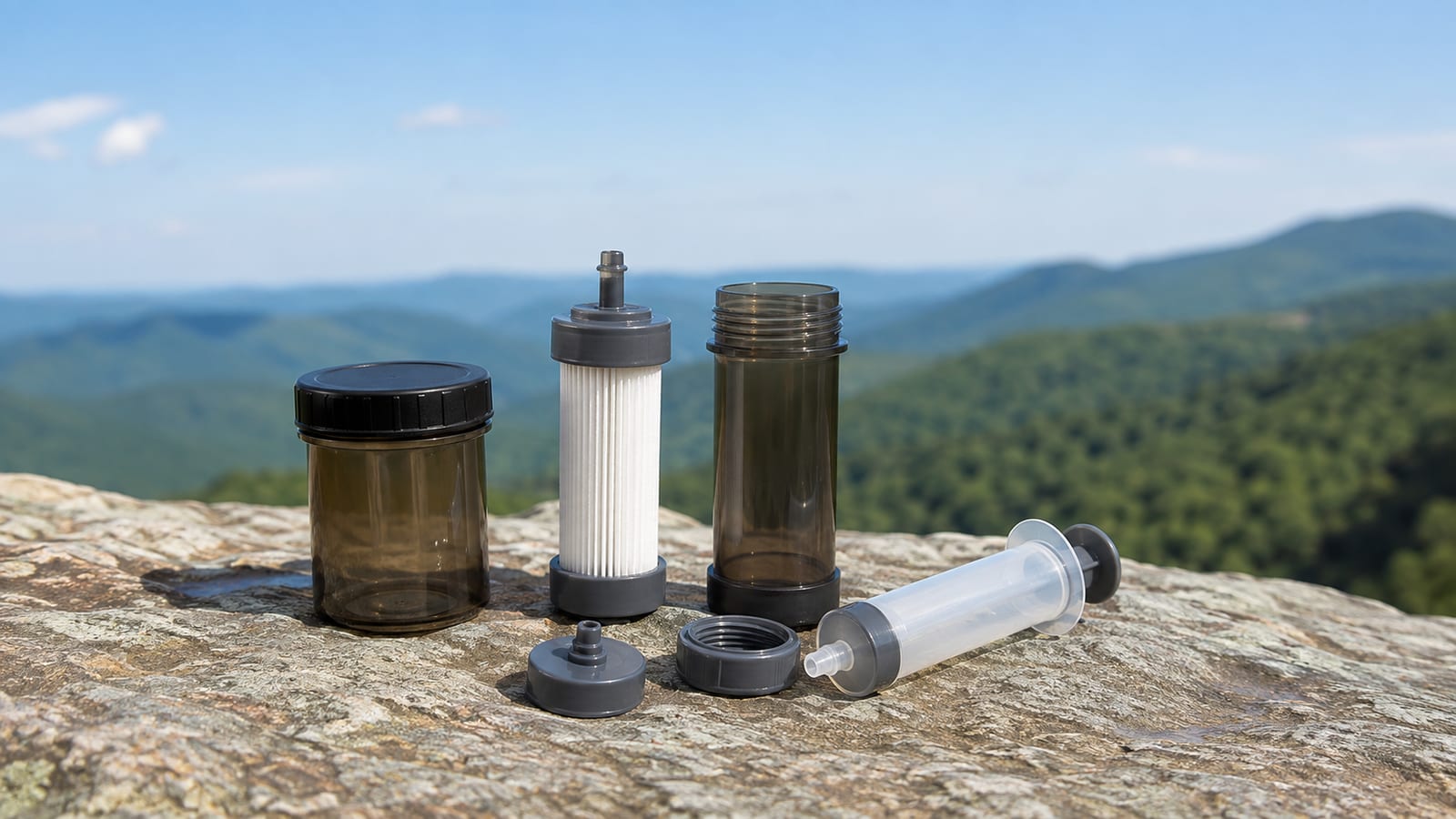 Disassembled hollow-fiber filter drying beside a backflush syringe and clean water container