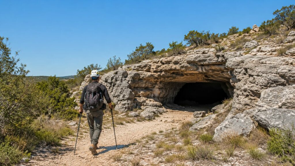 Hiker approaching a limestone cave entrance with trekking poles, helmet, and rugged boots