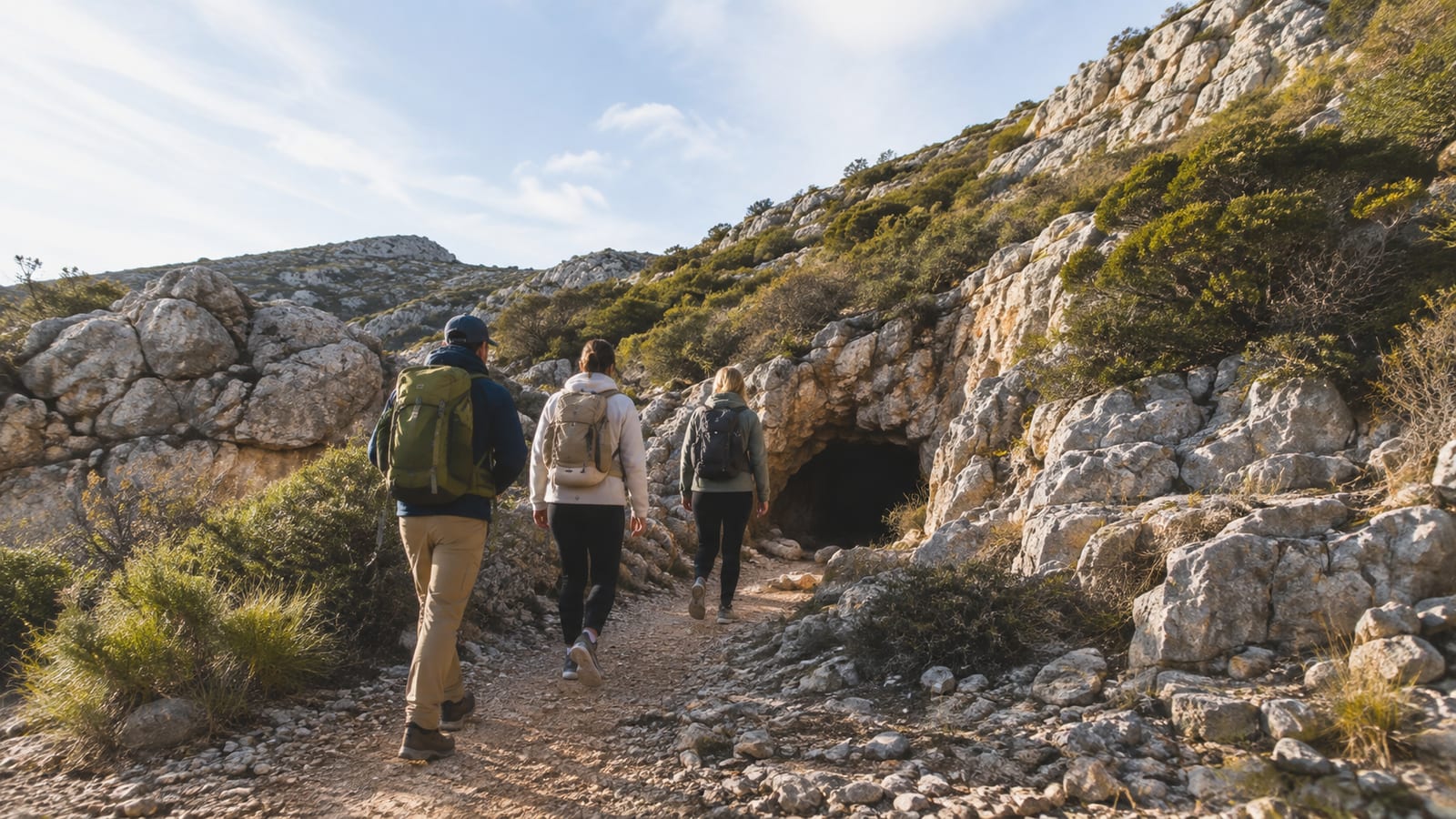 Three hikers with varied footwear navigating rocky cave-trail terrain beneath scrubby limestone hills