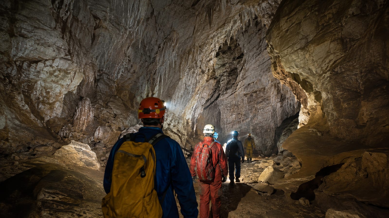 Helmeted visitors walking through a naturally formed cavern with headlamps and uneven stone floors