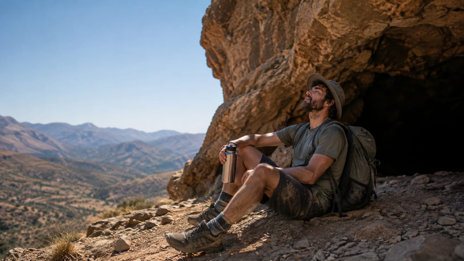 Hiker resting beside a shaded cave entrance with water bottle, hat, and breathable pack