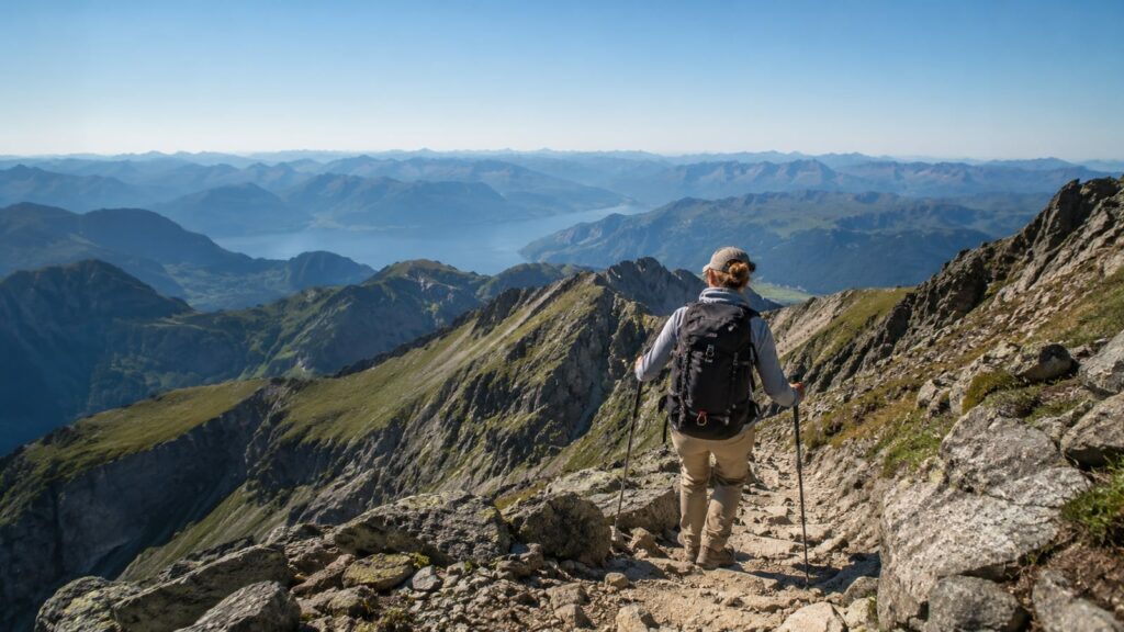 Hiker seen from behind descending a steep rocky trail with trekking poles and controlled posture