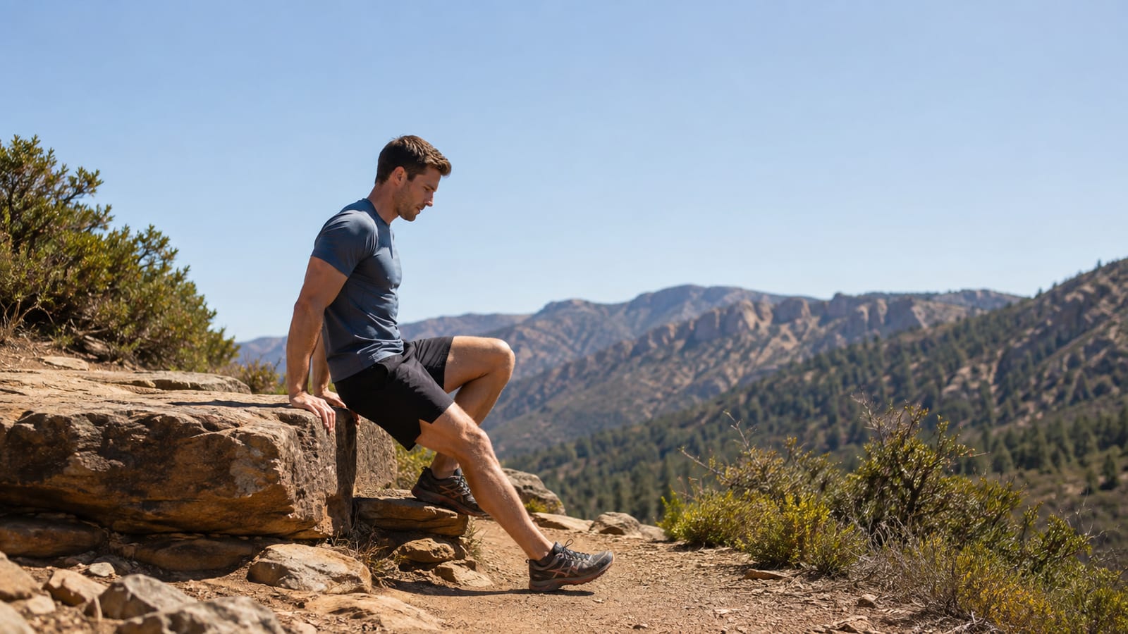 Hiker practicing slow step-down exercises beside a trail to strengthen quadriceps for descents
