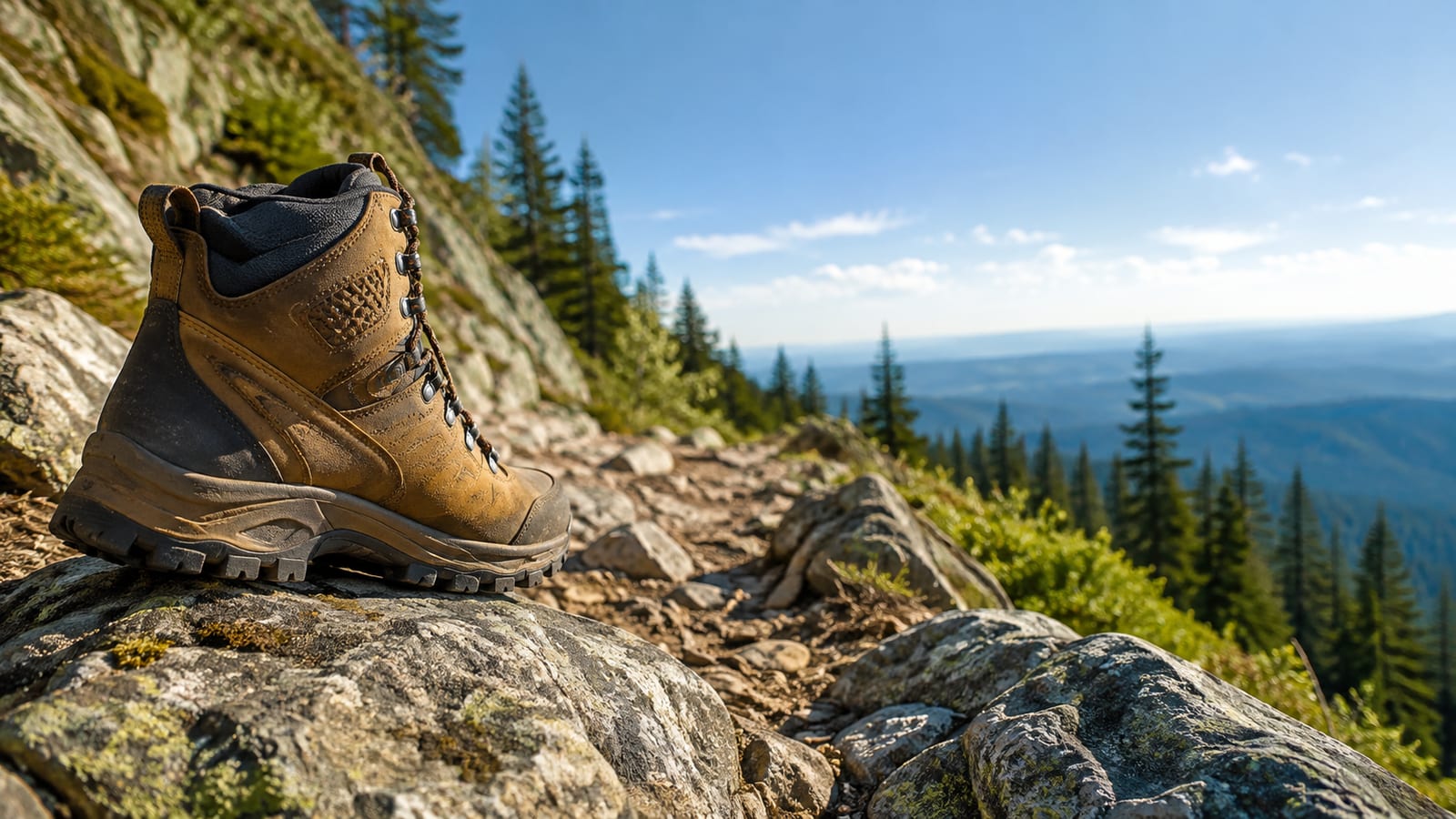 Close-up of supportive hiking boots gripping uneven rocky ground on a steep forest trail