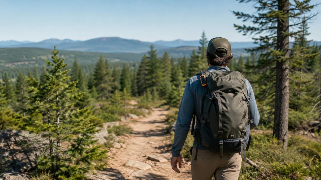Hiker following a forest trail with a GPS receiver clipped to a backpack shoulder strap