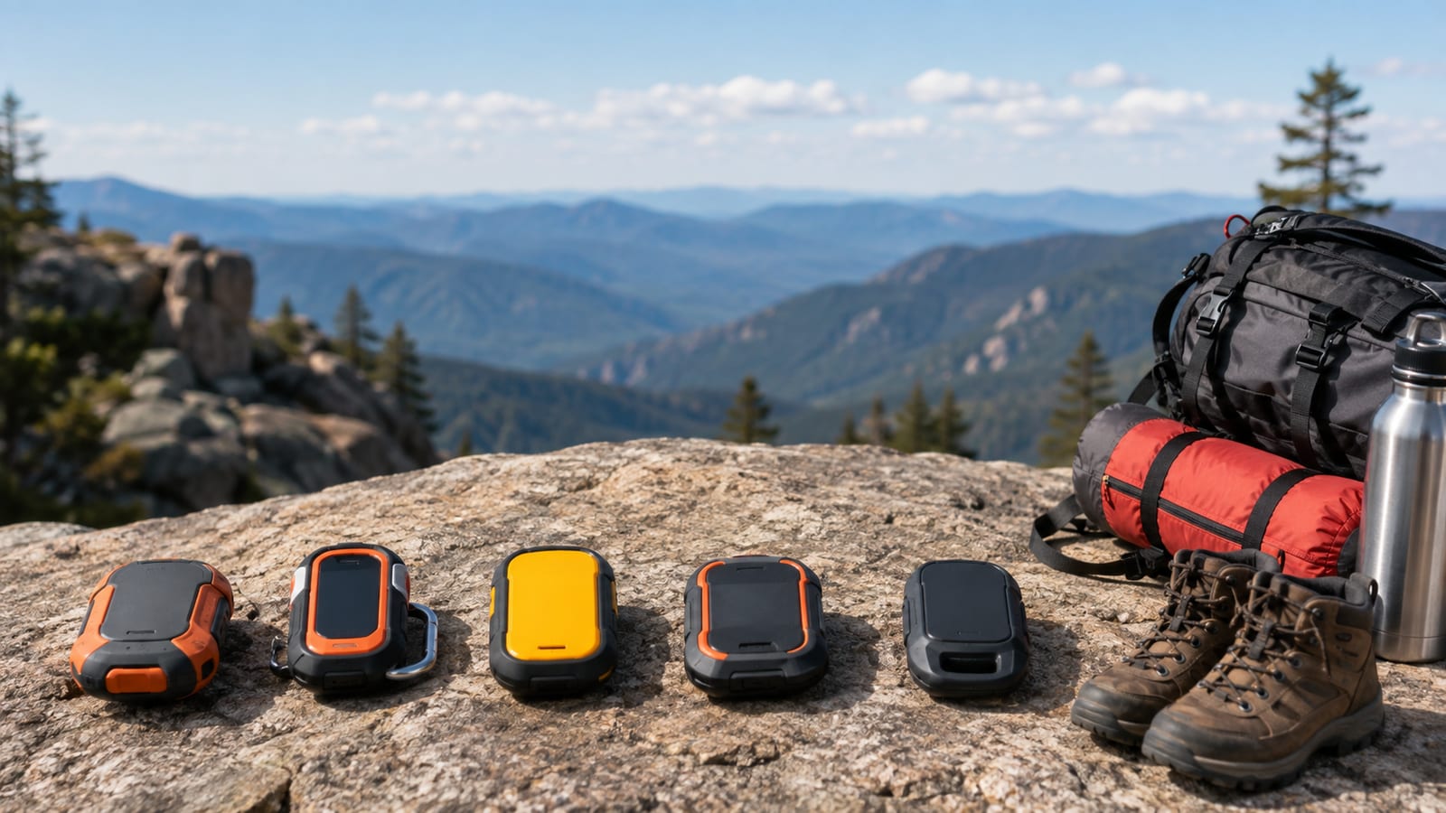 Five handheld GPS devices and hiking gear rest on a rock overlooking distant mountains