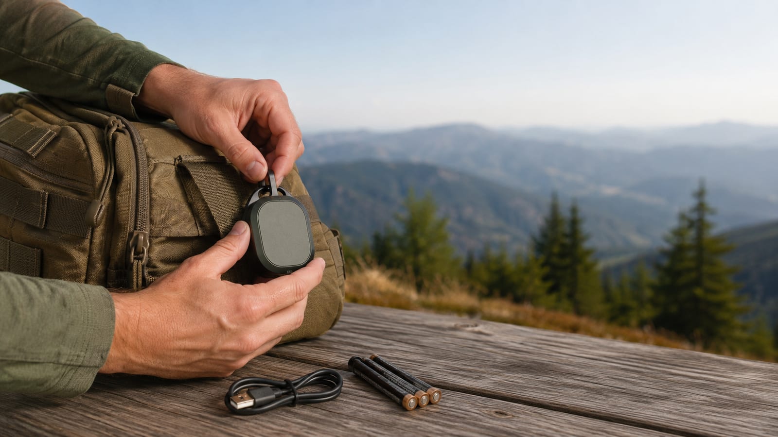 Hands attach a compact GPS receiver to a hiking pack beside spare batteries