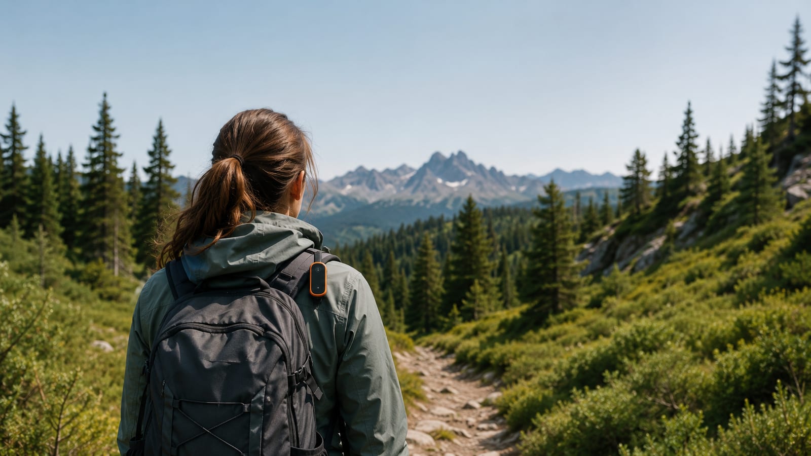 Back view of hiker following trail direction with GPS receiver secured on shoulder strap