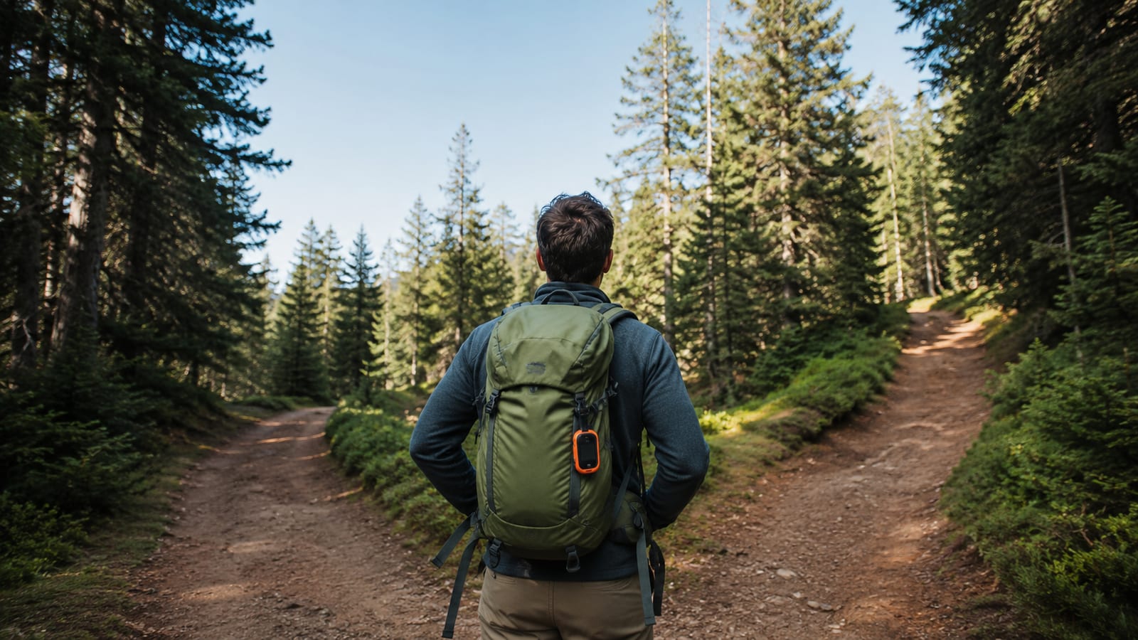 Hiker pauses at an unmarked forest trail fork with GPS receiver secured to pack