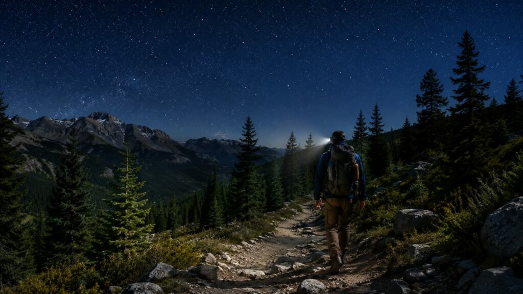 Backpacker following a forest trail beneath a clear, star-filled night sky