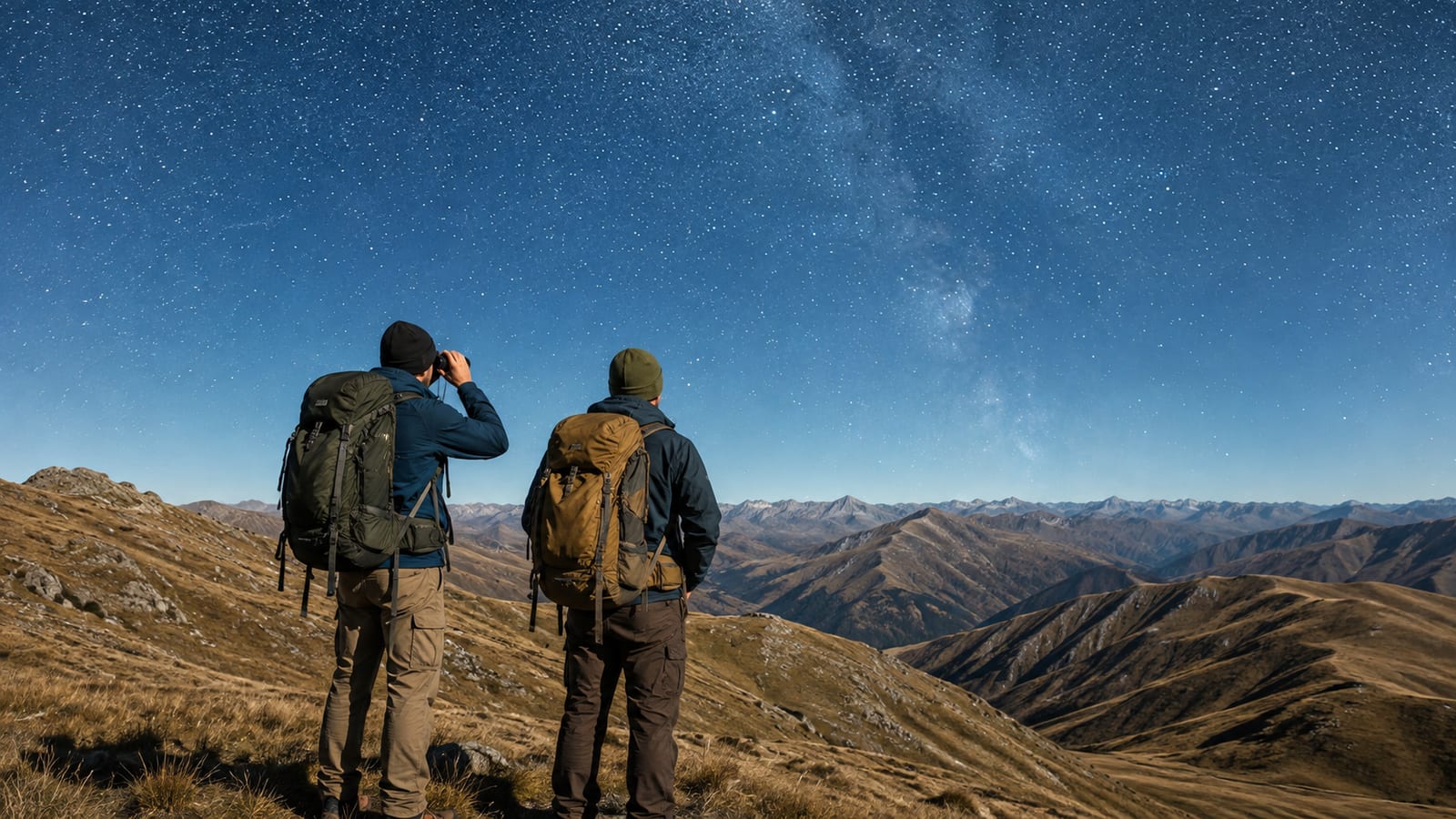 Hikers viewing stars from a dark ridge with binoculars and trekking packs