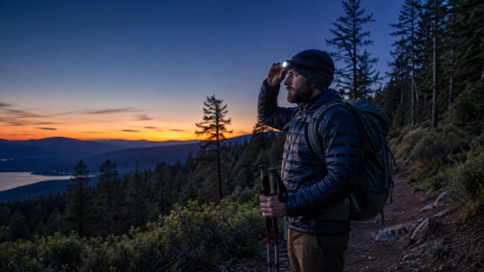 Hiker adjusting a headlamp as sunset fades across a wooded trail