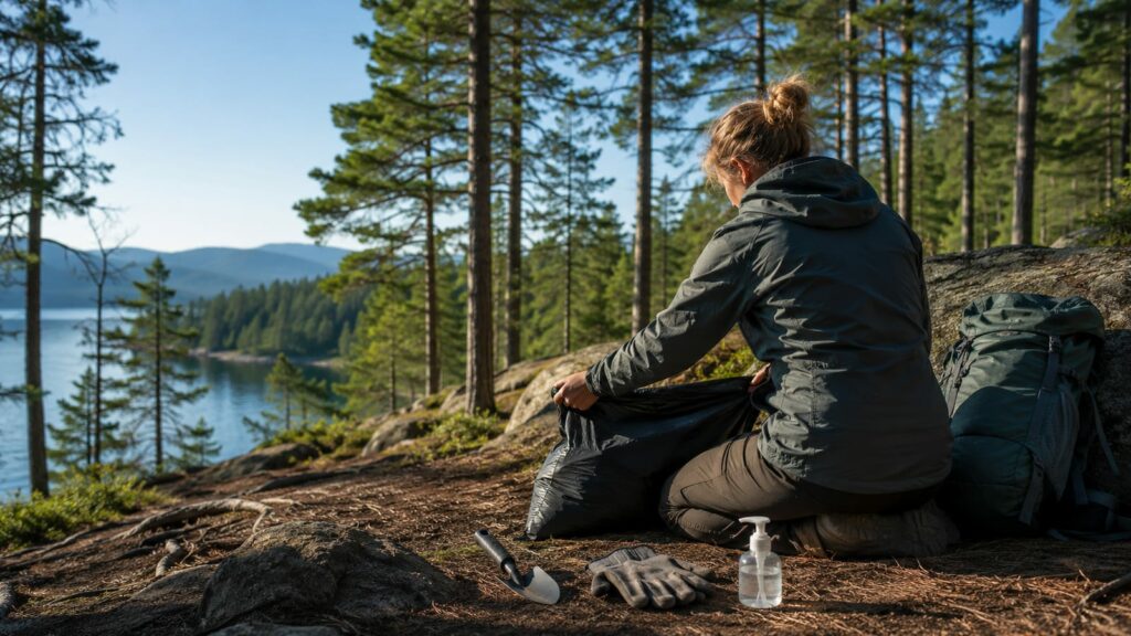 Hiker organizing gloves, trowel, waste bags, and sanitizer beside a backpack outdoors