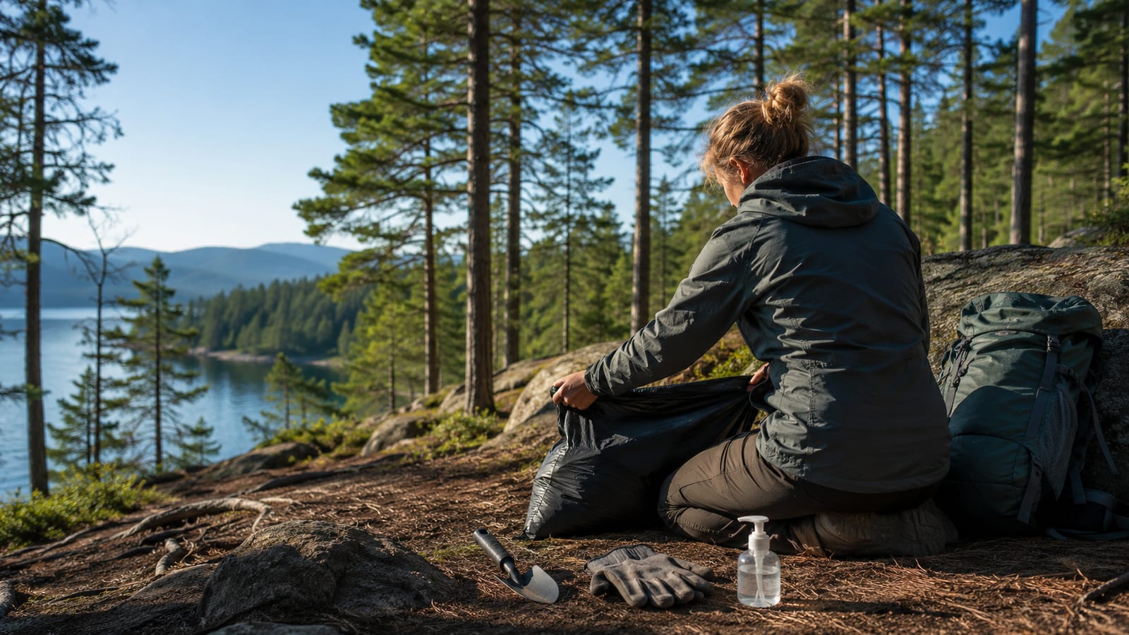 Hiker organizing gloves, trowel, waste bags, and sanitizer beside a backpack outdoors