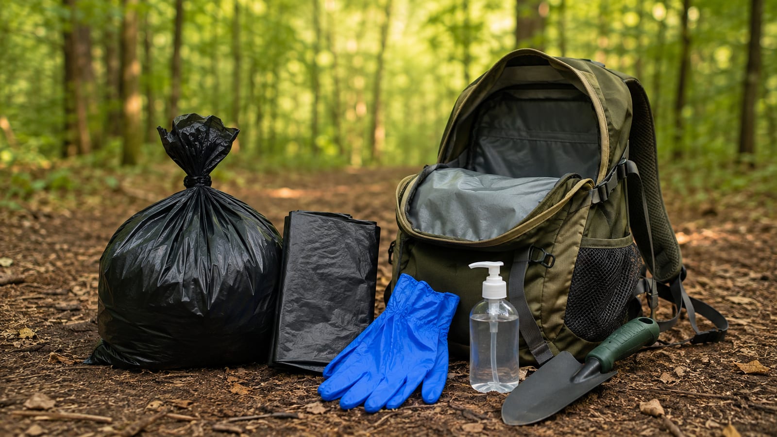 Compact hiking waste kit arranged beside backpack near a secluded woodland trail