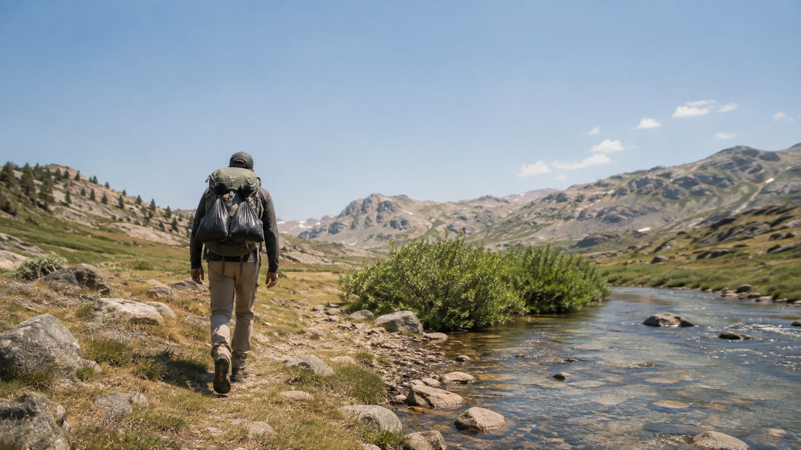 Camper carrying sealed waste bags away from a clear stream through rugged terrain