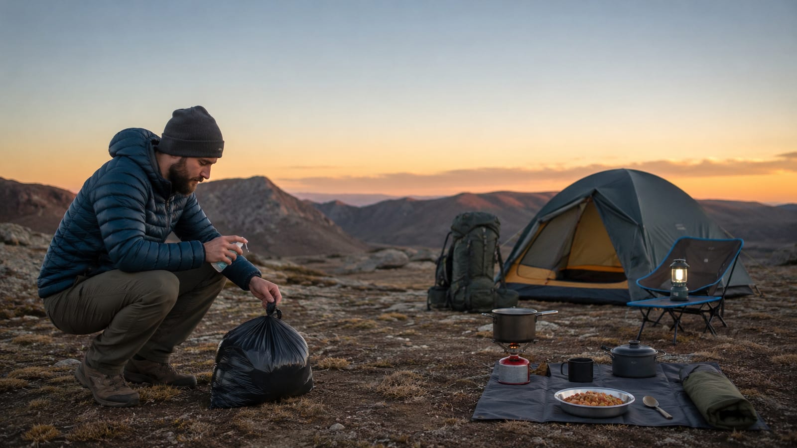 Hiker cleaning hands and sealing waste bags beside a packed campsite at dusk