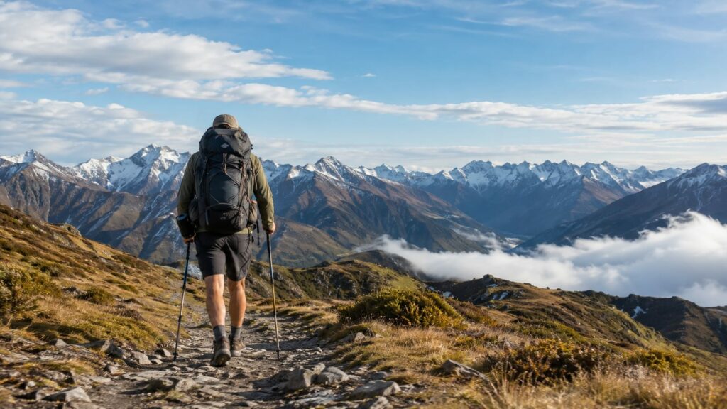Hiker with loaded backpack crossing a rugged alpine trail beneath dramatic mountain weather