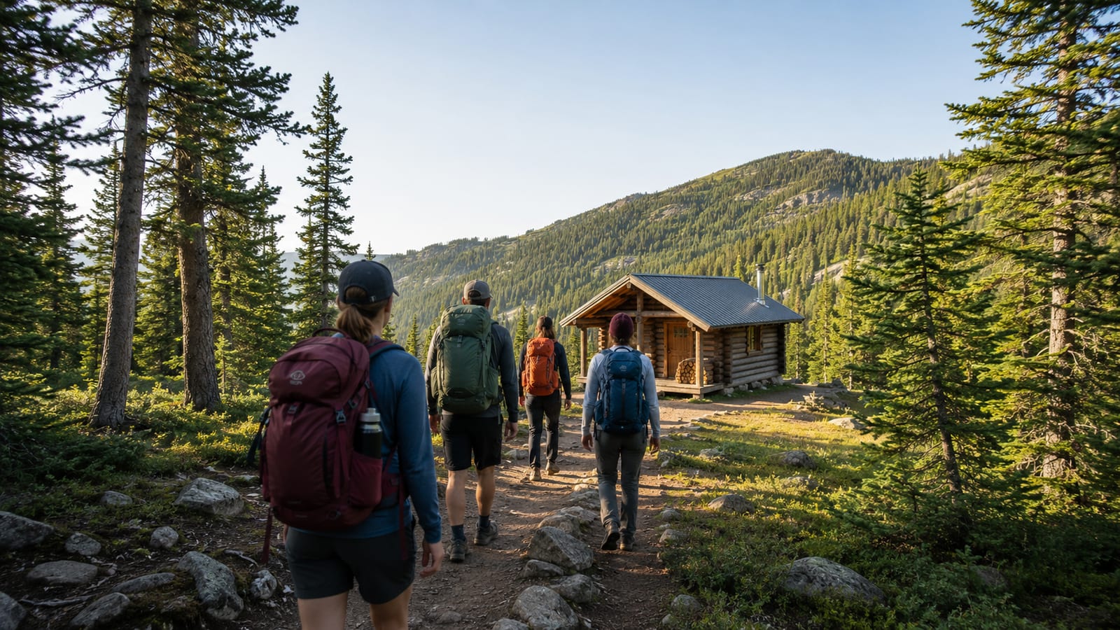 Hikers approaching a simple backcountry hut along a well-maintained forest trail