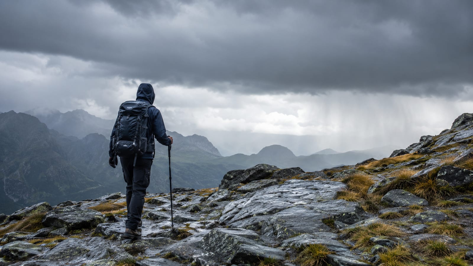 Tramper in waterproof clothing crossing wet terrain under windblown alpine clouds