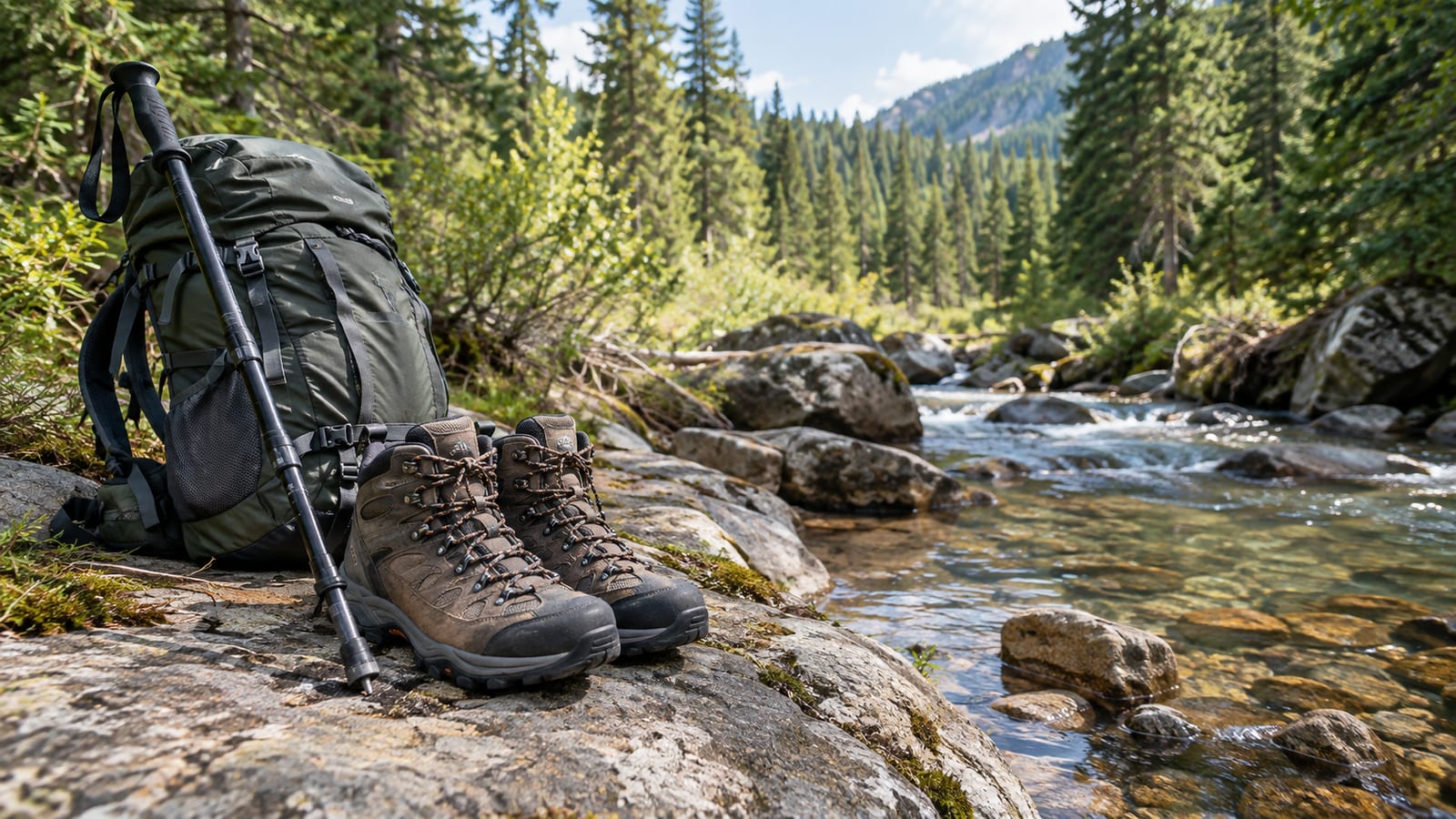 Waterproof hiking boots on a flat rock beside a shallow forest stream with a backpack