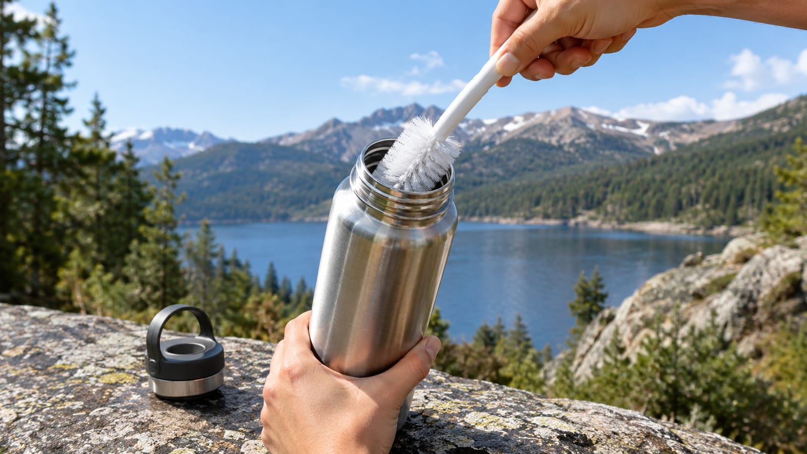 Bottle brush scrubbing inside a wide-mouth stainless steel water bottle near a mountain lake