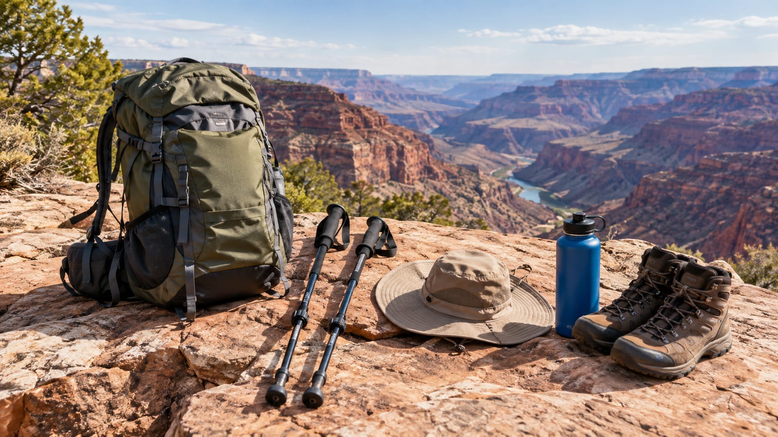 Lightweight hiking pack, trekking poles, sun protection, and water gear arranged on canyon rocks