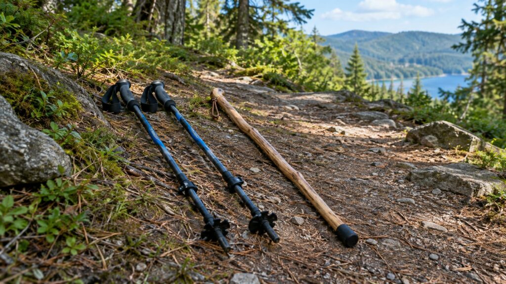 Trekking Poles vs. Hiking Sticks: What’s the Difference? on rocky forest trail by lake