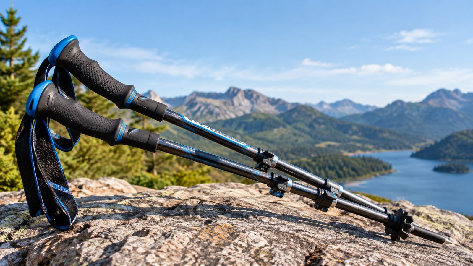 Trekking poles resting on a rock overlooking a scenic mountain lake and distant peaks