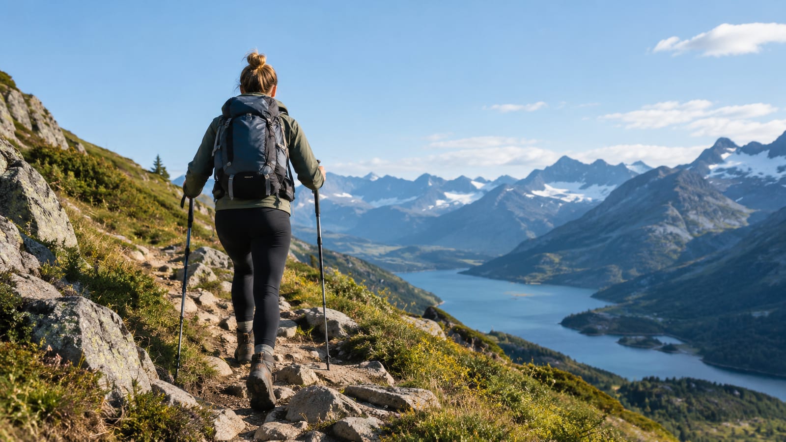 Woman hiking on a rocky mountain trail using trekking poles overlooking an alpine lake