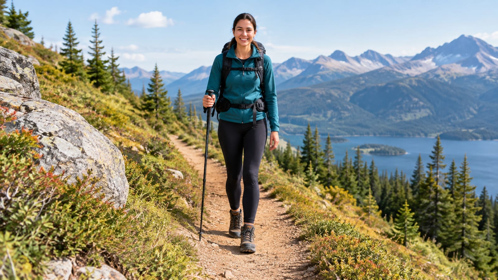 Smiling woman with backpack and trekking pole walking a narrow mountain trail above a lake