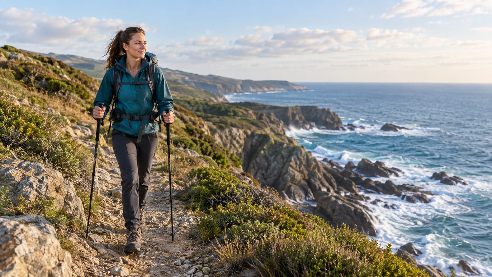 A woman in teal jacket and hiking backpack hikes a coastal trail with ocean and cliffs