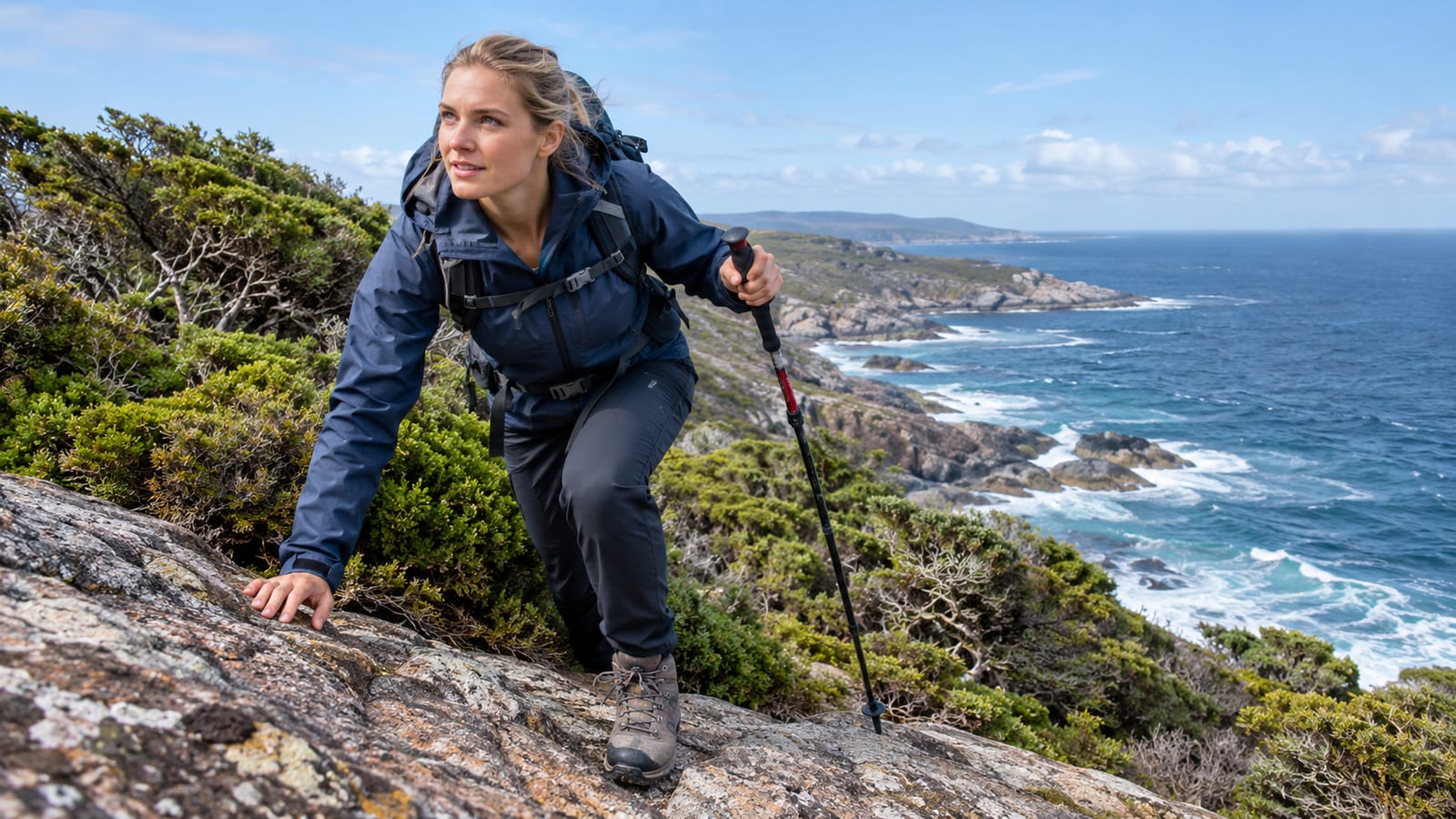 A woman in hiking gear holding a trekking pole on a rocky cliff overlooking the ocean