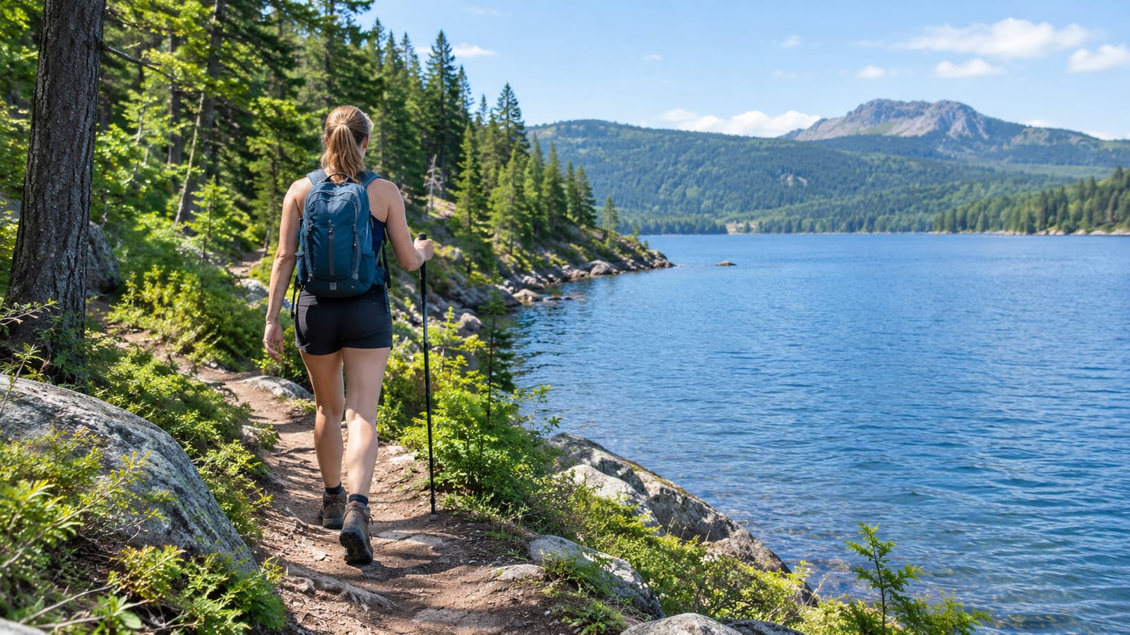 Hiker carries a daypack along a forested coastal shoreline trail