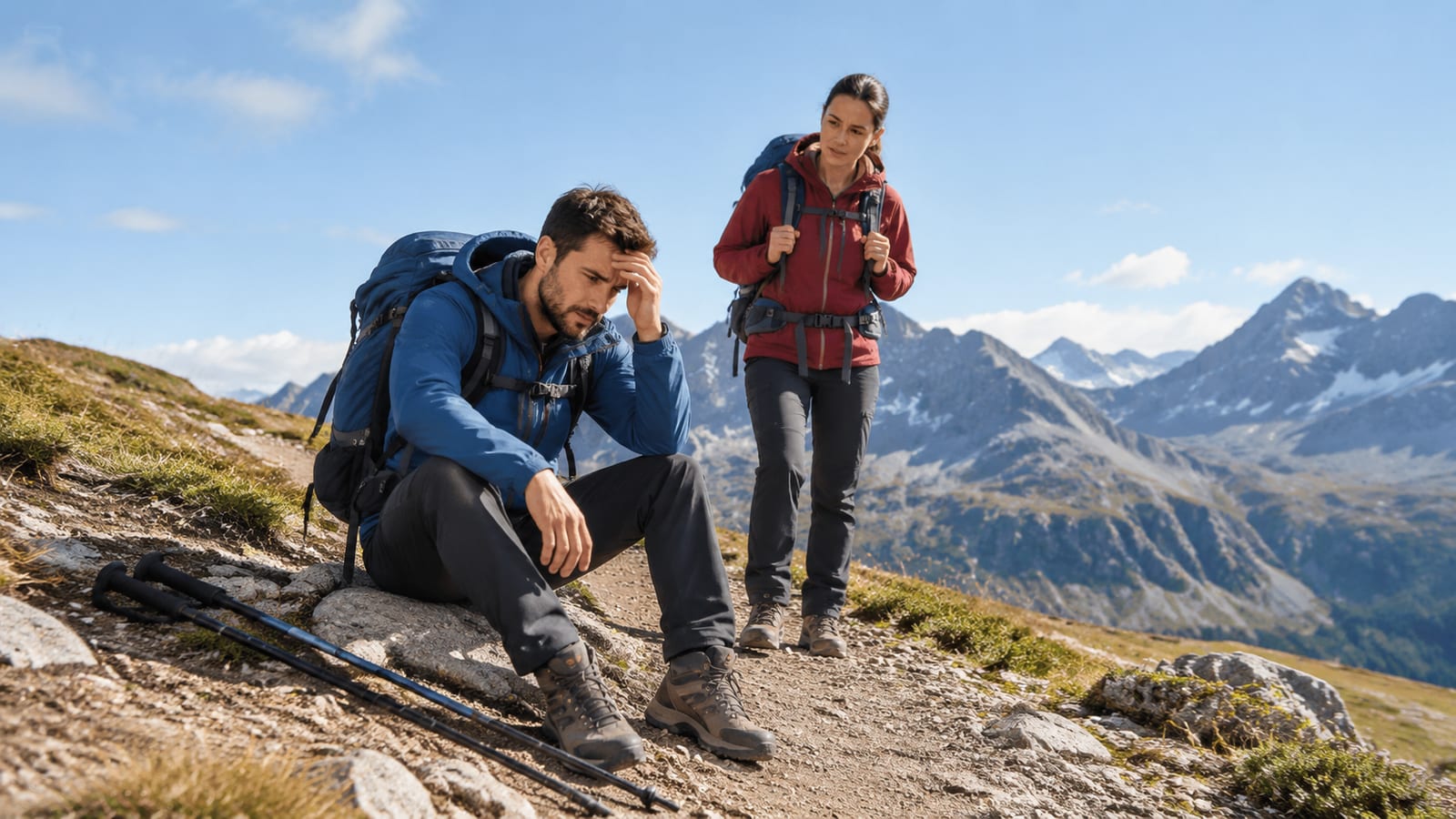 Hiker resting beside trekking poles on a barren high-elevation trail while companion monitors them
