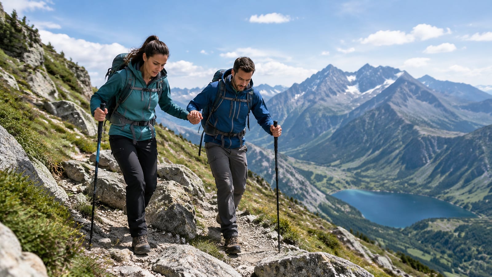 Backcountry hikers descending a rocky alpine trail, one supported by a companion, backpacks visible