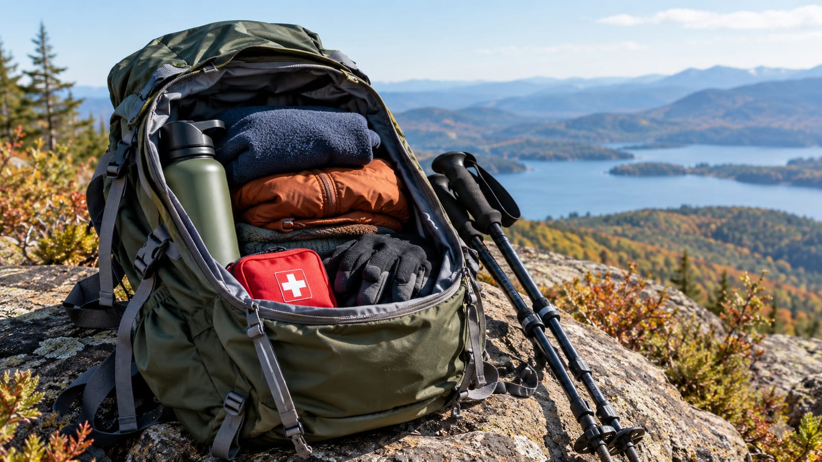 Open hiking backpack with unmarked water bottle, warm layers, first-aid kit, and trekking poles