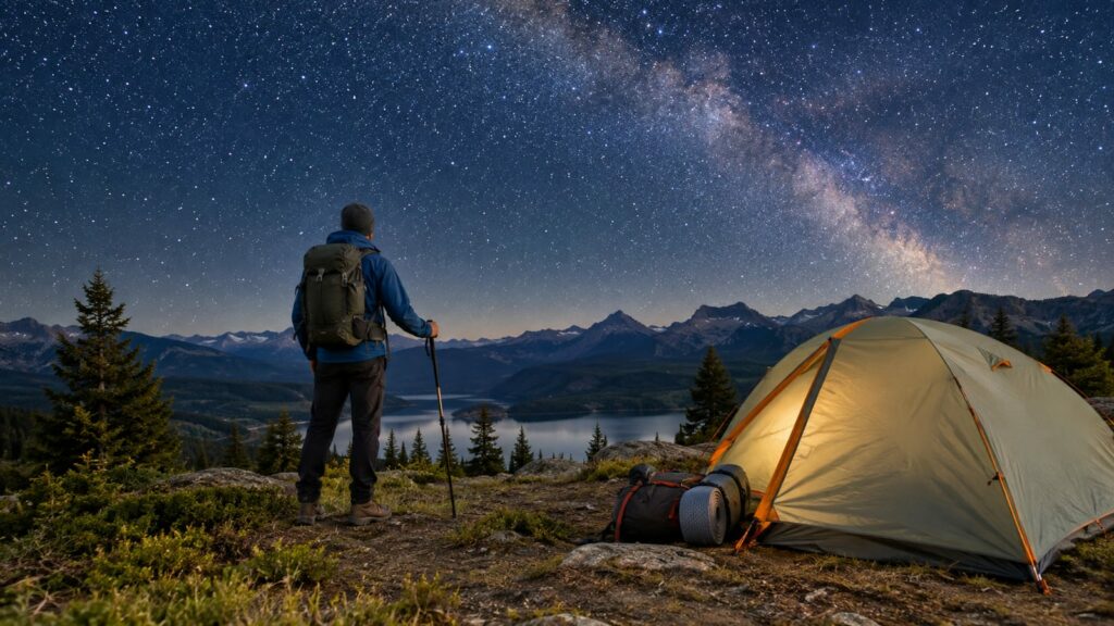 A hiker stands on a mountain ridge next to a glowing tent under a starry sky
