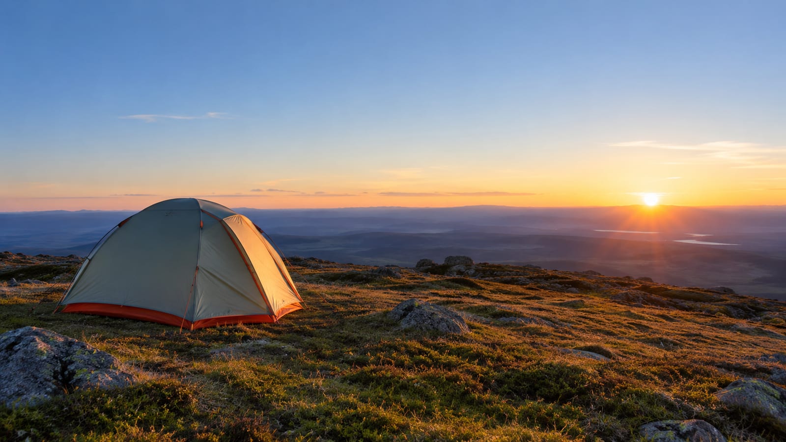 A tent on a hilltop with sun on the horizon and layered hills in the background