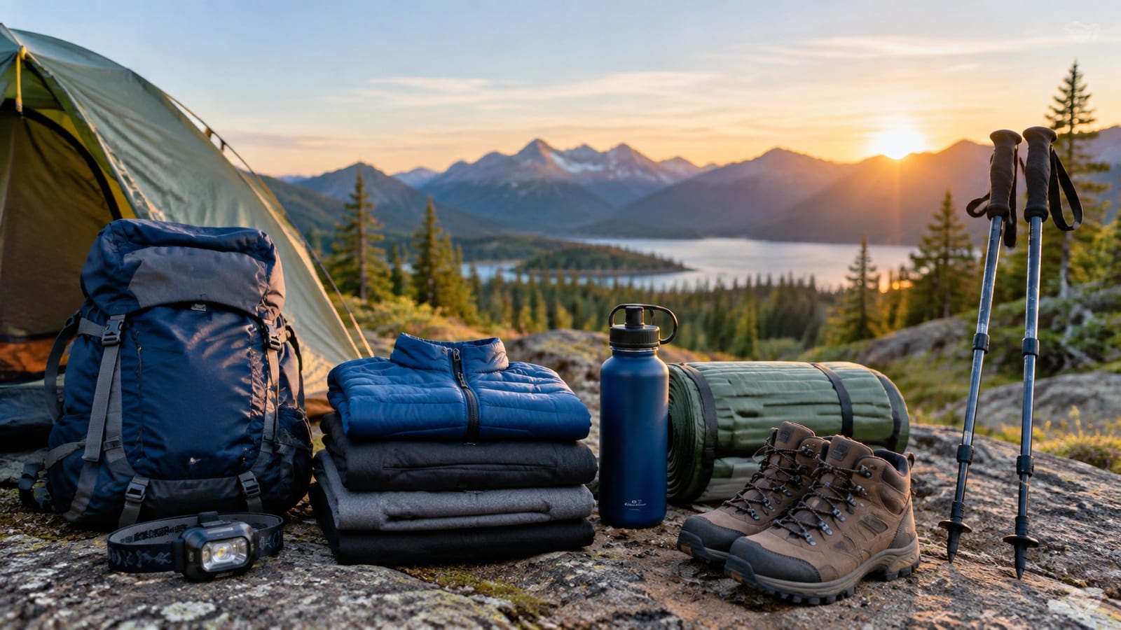 Tent, backpack, hiking boots, water bottle, and sleeping pad on rocky ground with mountain backdrop