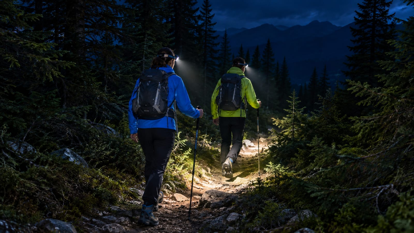 Two hikers in blue and green jackets with headlamps walking away on forest trail at night