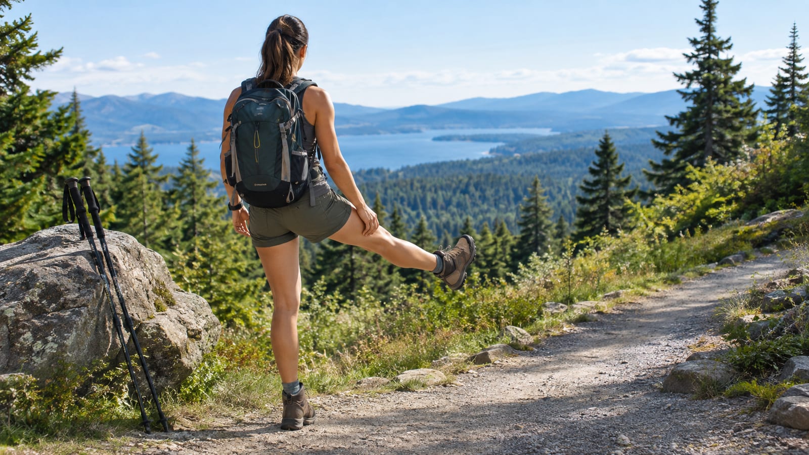 Aching Joint Hiking: Warm-Up Stretches That Actually Work on a dirt trail overlooking mountains
