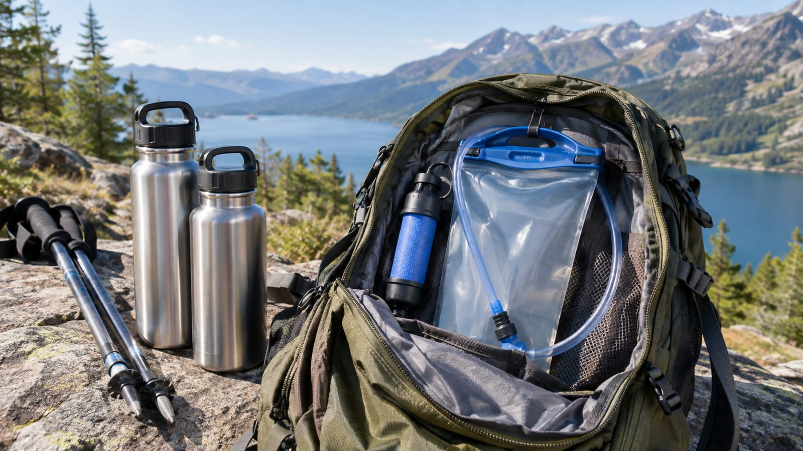 Open hiking backpack with a hydration bladder beside stainless steel water bottles overlooking a lake