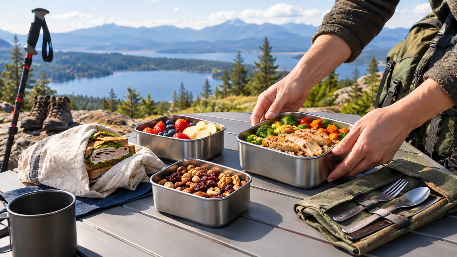 A hiker sets stainless steel food containers on a table overlooking a scenic mountain lake
