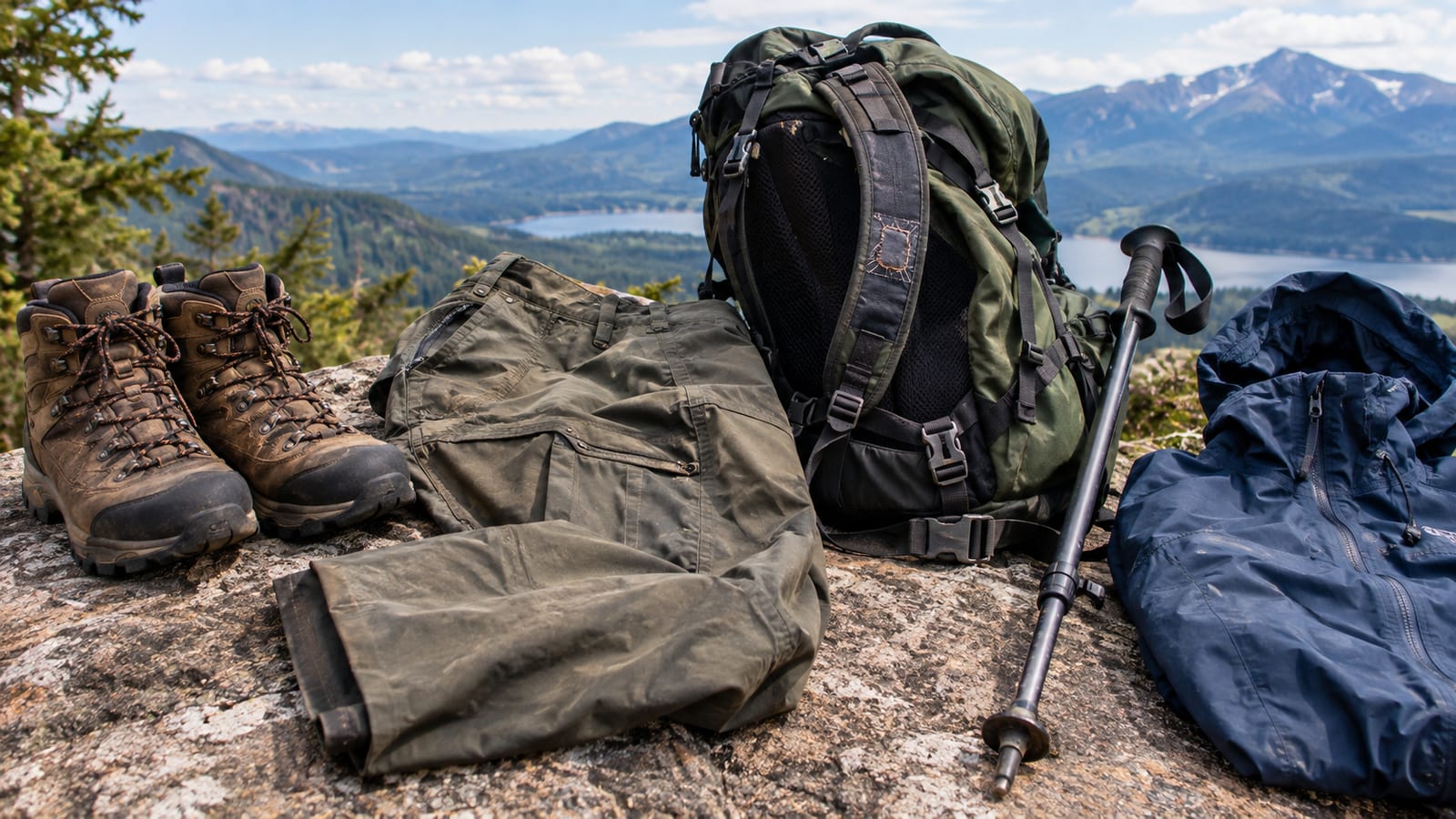 Hiking boots pants backpack trekking poles and jacket on rock with mountain lake view