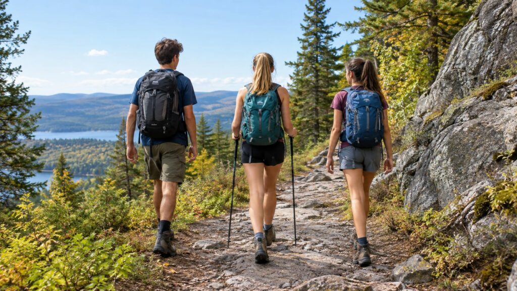 Three teens with backpacks and trekking poles hike a rocky forest trail by a lake