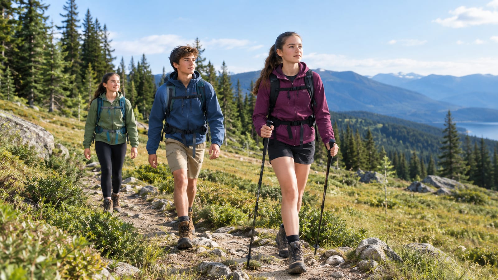 Three teenagers hike on a mountain trail with mountains and lake in the background